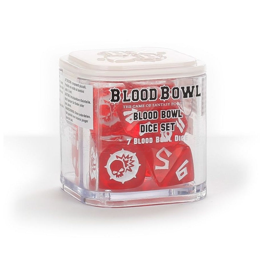 Blood Bowl Dice Set från Games Workshop med snygg transparent röd färg och tydliga siffror - Draklunden